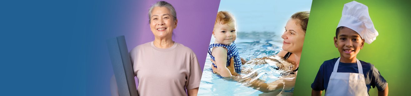 People of all ages being active, swimming and cooking